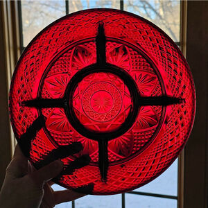 French Ruby Red Glass Relish Plate 10” Stamped France 19 Vintage Serving Dish